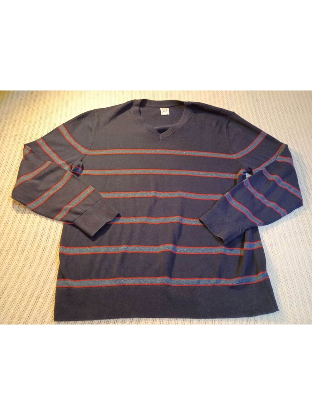 GAP Men's Large Navy Blue V-Neck Sweater with Red and Gray Stripes